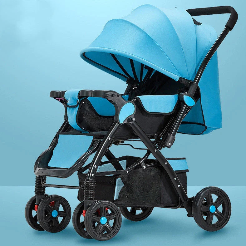 Baby stroller with reversible seat in sky blue colour showing folded and unfolded configurations