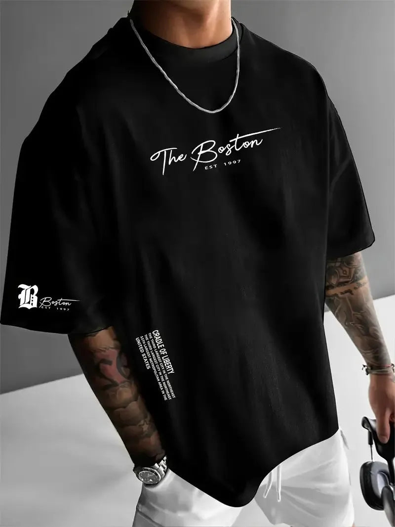 Men's round neck loose letter short sleeve T-shirt in polyester, shown in white, black, coral, and apricot