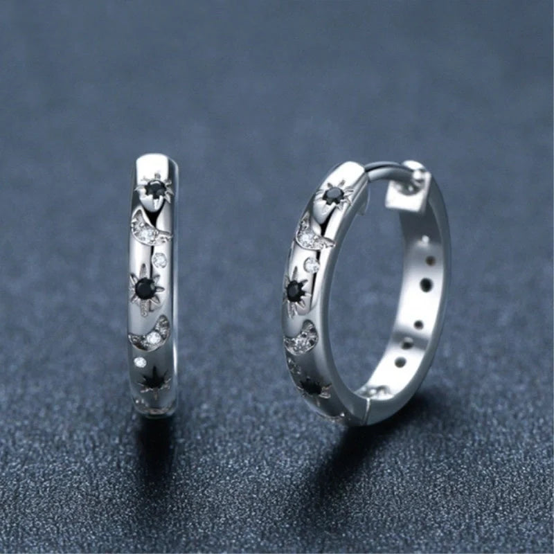 French Inlaid Zircon Star and Moon Earrings in black with celestial design