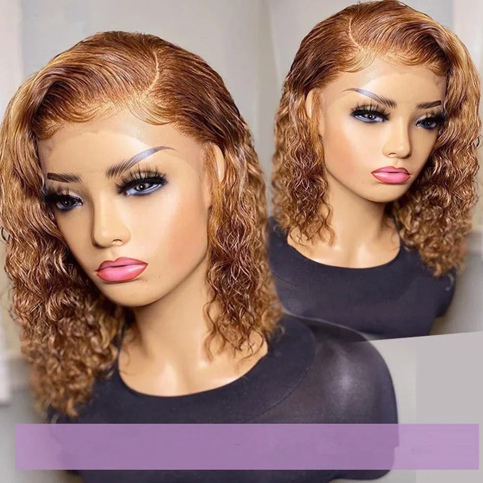 Short curly honey blonde bob wig with 13x4 lace front, light brown human hair, long bangs