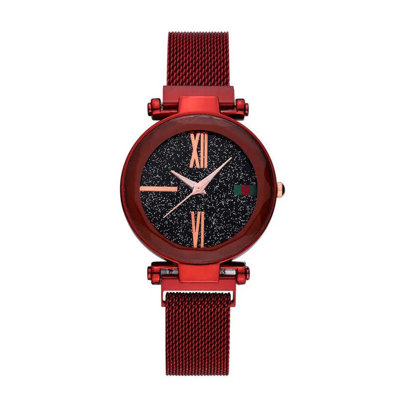 Ladies Quartz Watch with Magnetic Jewellery Clasp in Stainless Steel for Women, 32mm Round Dial with Alloy Case, Available in Red, Purple, Blue, Black, Rose Gold and Brown Colours