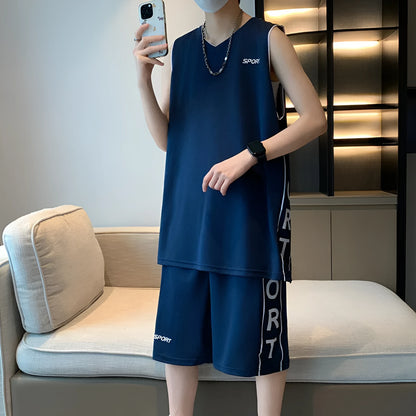 Men's thin polyester basketball sports suit consisting of a sleeveless vest and short pants on a hanger.