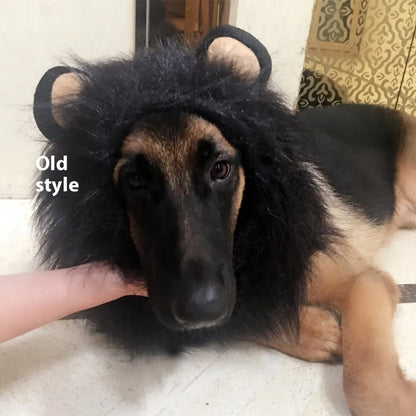 Dog wearing adjustable lion headdress costume with elastic neckband in light brown colour