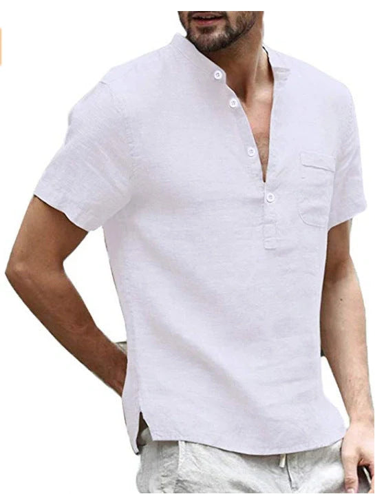 Men's casual linen V-neck short sleeve shirt in various colors for summer