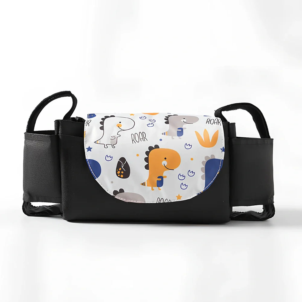 Baby stroller organiser with cup holder mounted on pram pole showing storage compartments