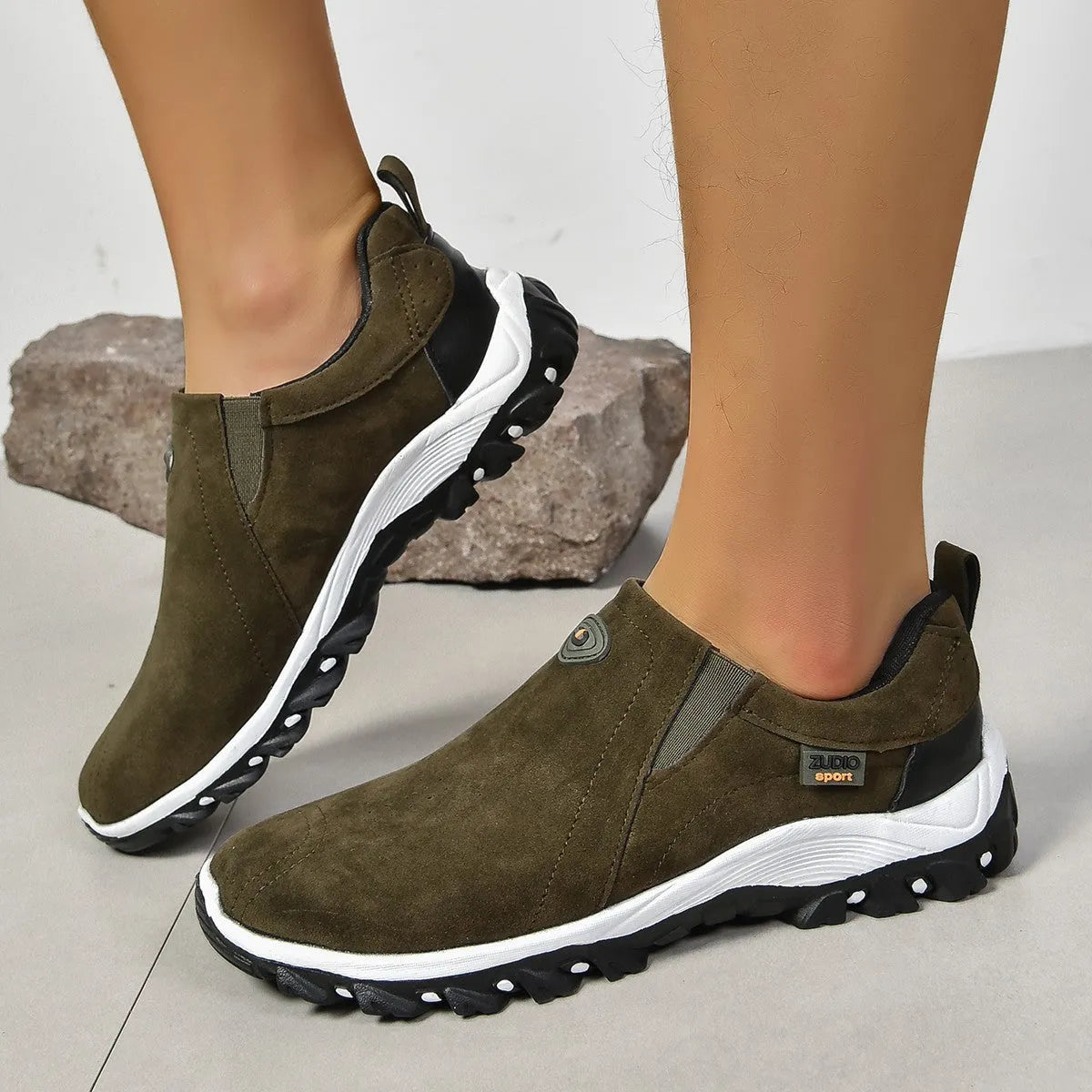 Men's round head shallow mouth thin slip-on shoes in black, blue, gray, green, and light brown on a white background.