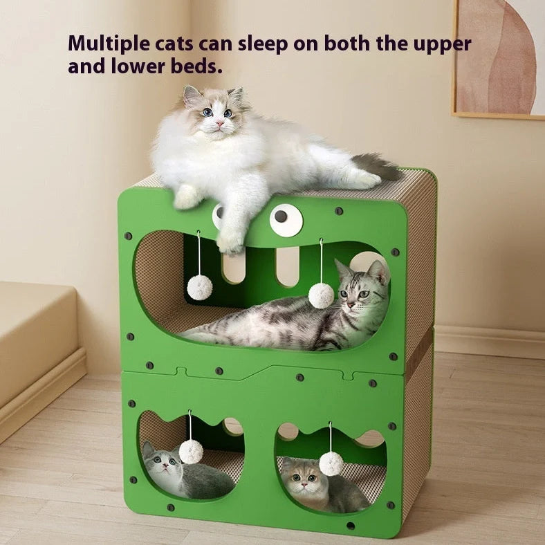 Double layer cat scratching board with owl design panel and integrated resting nest
