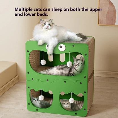Double layer cat scratching board with owl design panel and integrated resting nest