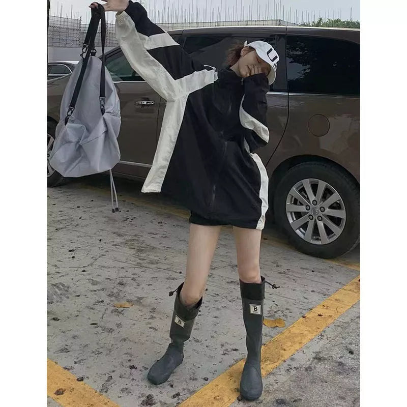 Retro workwear outdoor jacket coat for women with sun protection in black