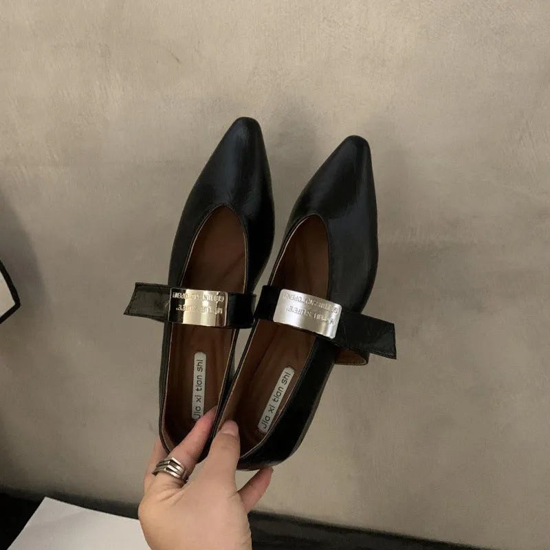 Women's silver Mary Jane buckle pumps with pointed toe and low flat heel, shown in black and wine red colours.
