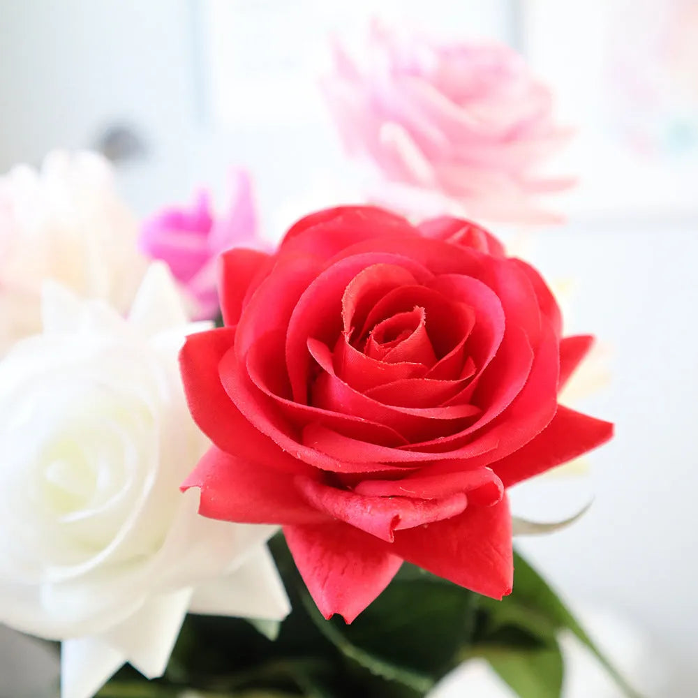 Artificial silk touch rose with fabric petals, approximately 42cm long, in a selection of colours