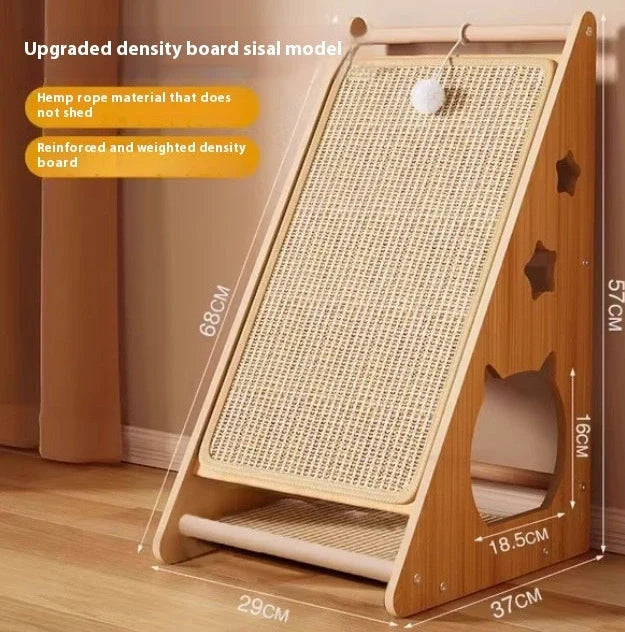 Vertical wall-mounted cat scratch board with sisal surface and integrated ball toy