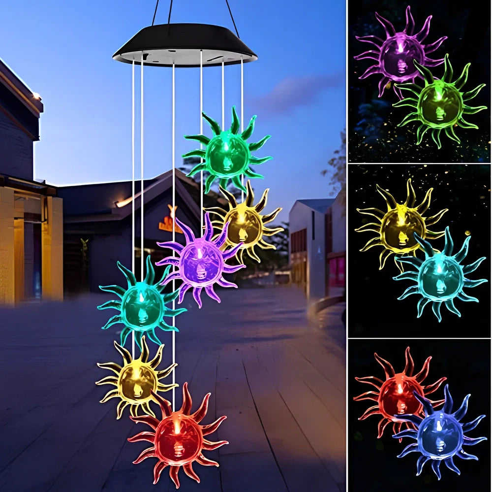 Solar-powered wind chime garden lamp with hummingbird design, automatic day-night operation, waterproof construction