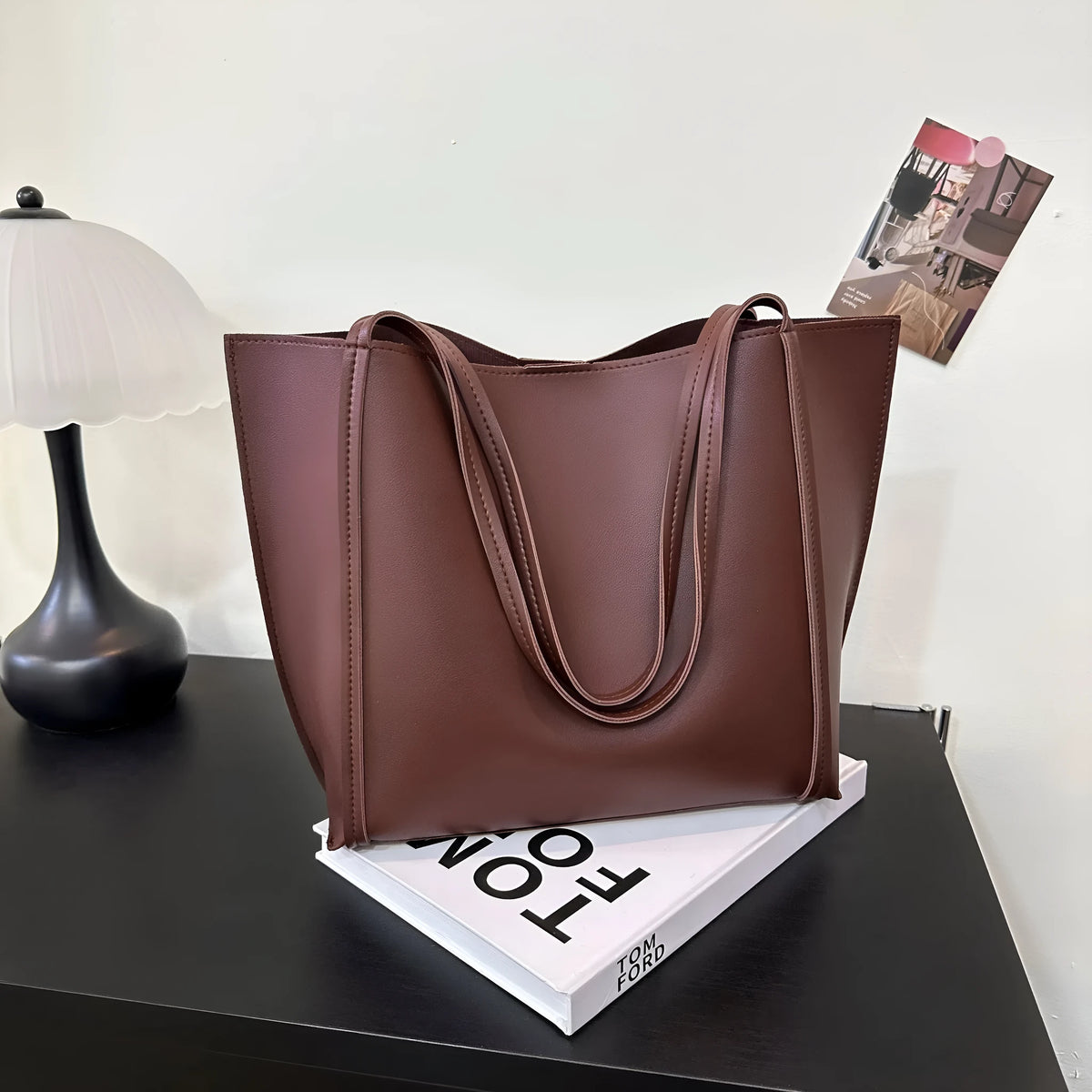 Women's PU single shoulder bag, horizontal square, 44x11x29cm, with synthetic leather lining and stitching, in grey, coffee, black, white, khaki or light brown