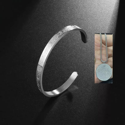 Stainless steel Arabic disc necklace and bracelet set with polished finish and personalized engraving