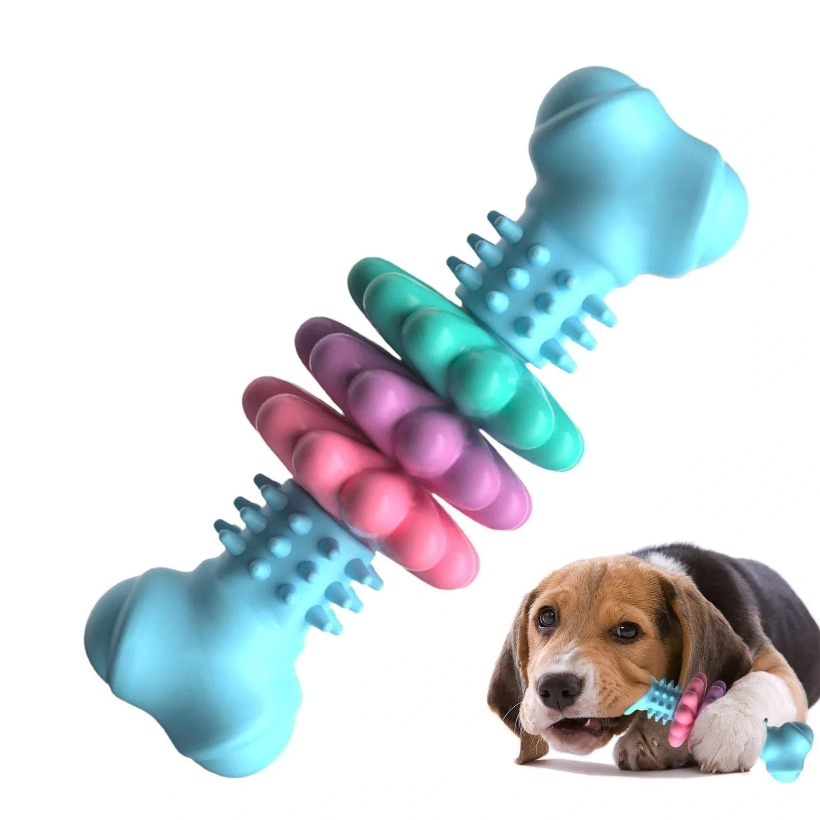 Durable TPR dog chew bone in blue, pink, or green for teeth cleaning and stress relief