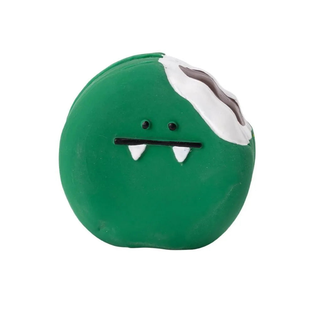 Green and yellow cartoon egg bread shaped latex dog chew toy with squeaker.