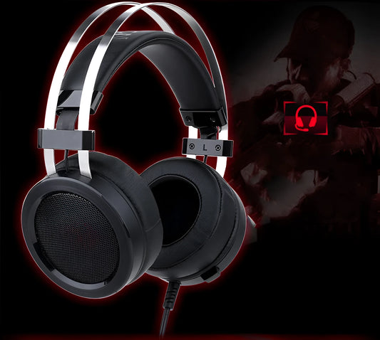 Black wired PC gaming headset with over-ear cups and a 3.5mm audio jack.
