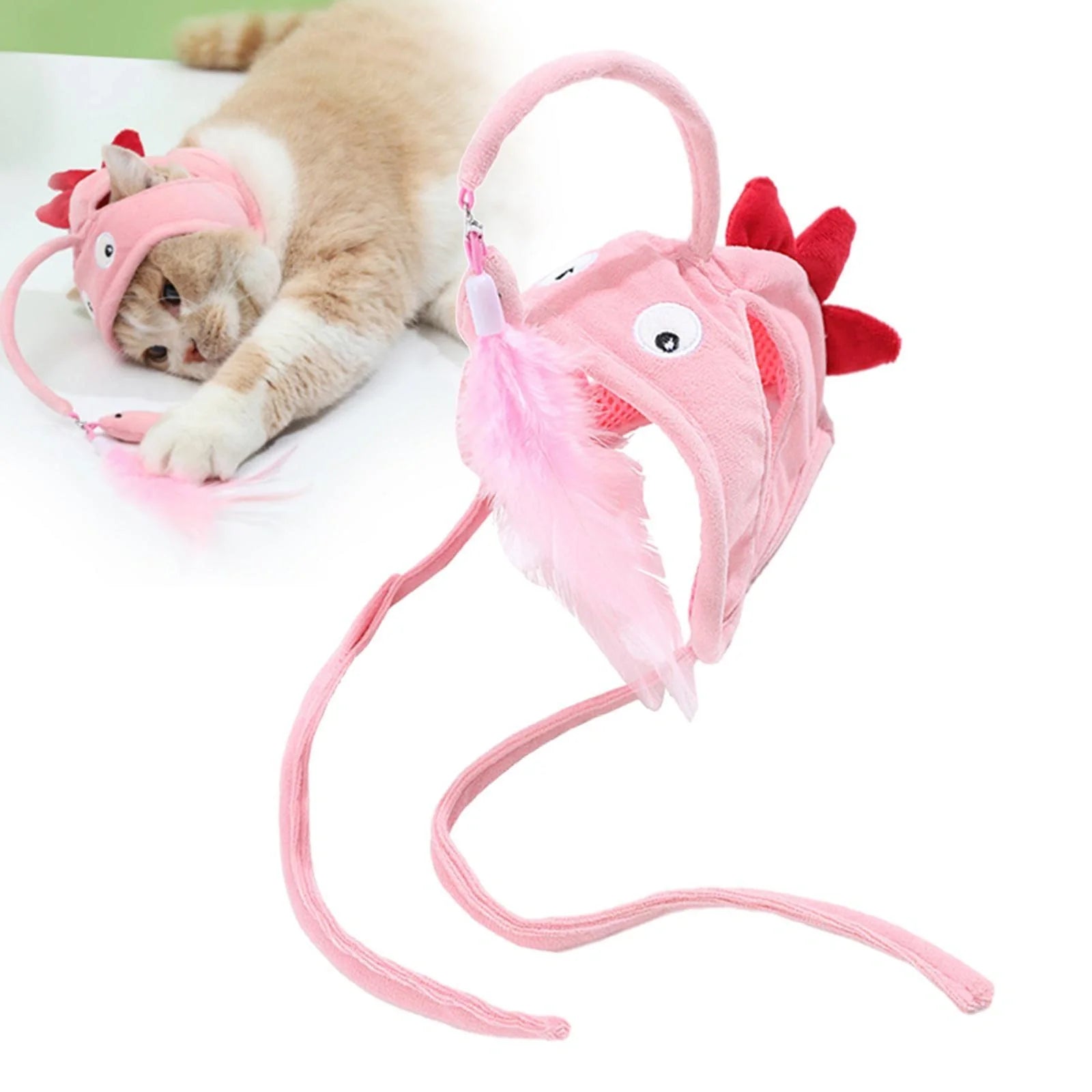 Adjustable head-wearing feather cat toy stick in various colors for indoor play