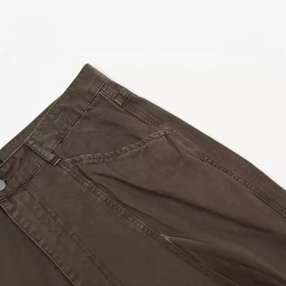 Men's brown loose straight leg cotton trousers with high waist and zipper fly