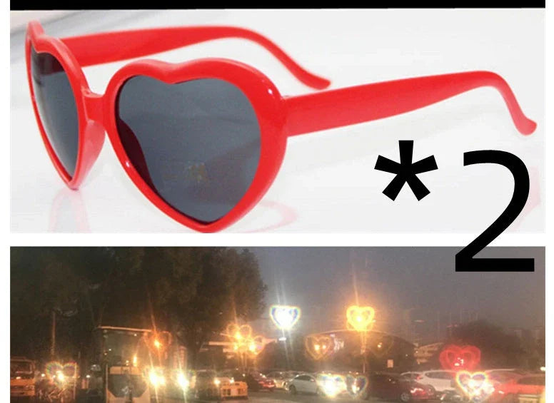 Stylish heart-shaped lighting sunglasses with a plastic frame and resin lenses, creating a mesmerizing effect for romantic occasions