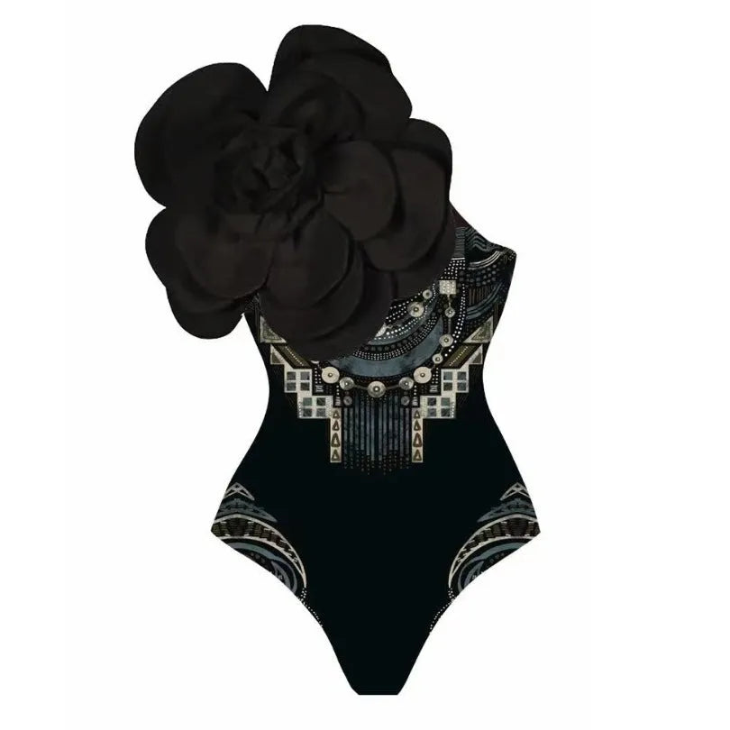 Women's polyester one-piece swimsuit in floral print with wrap skirt styling option