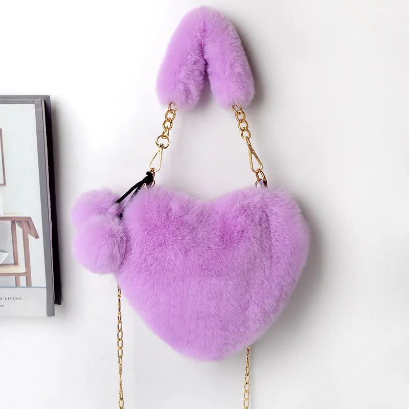 Women's soft plush heart-shaped handbag with shoulder strap in multiple solid colours