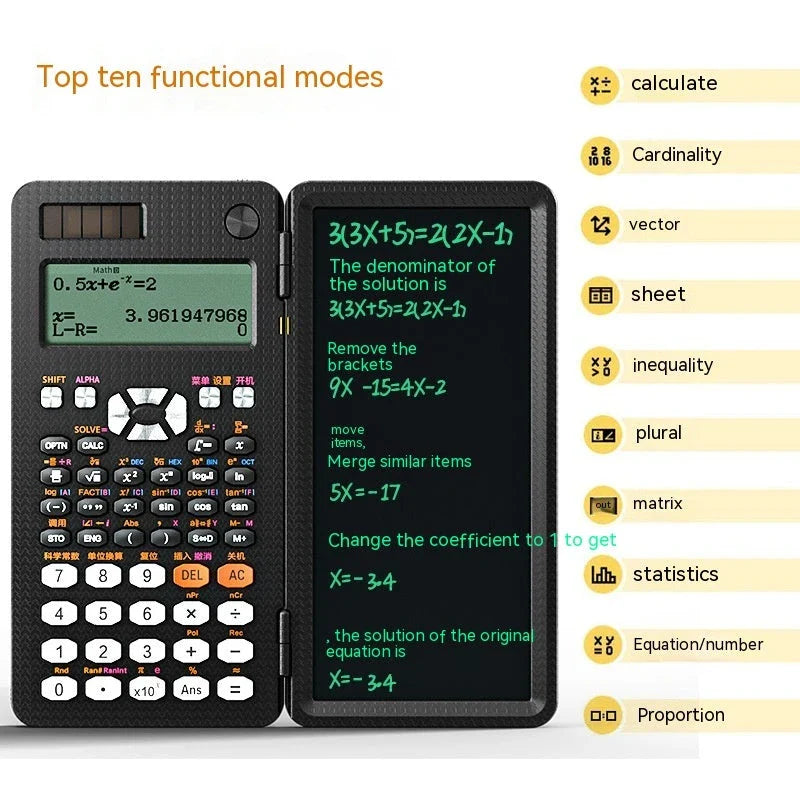 Ergonomic 2-in-1 scientific calculator with foldable writing pad, blue LCD screen, and compact design