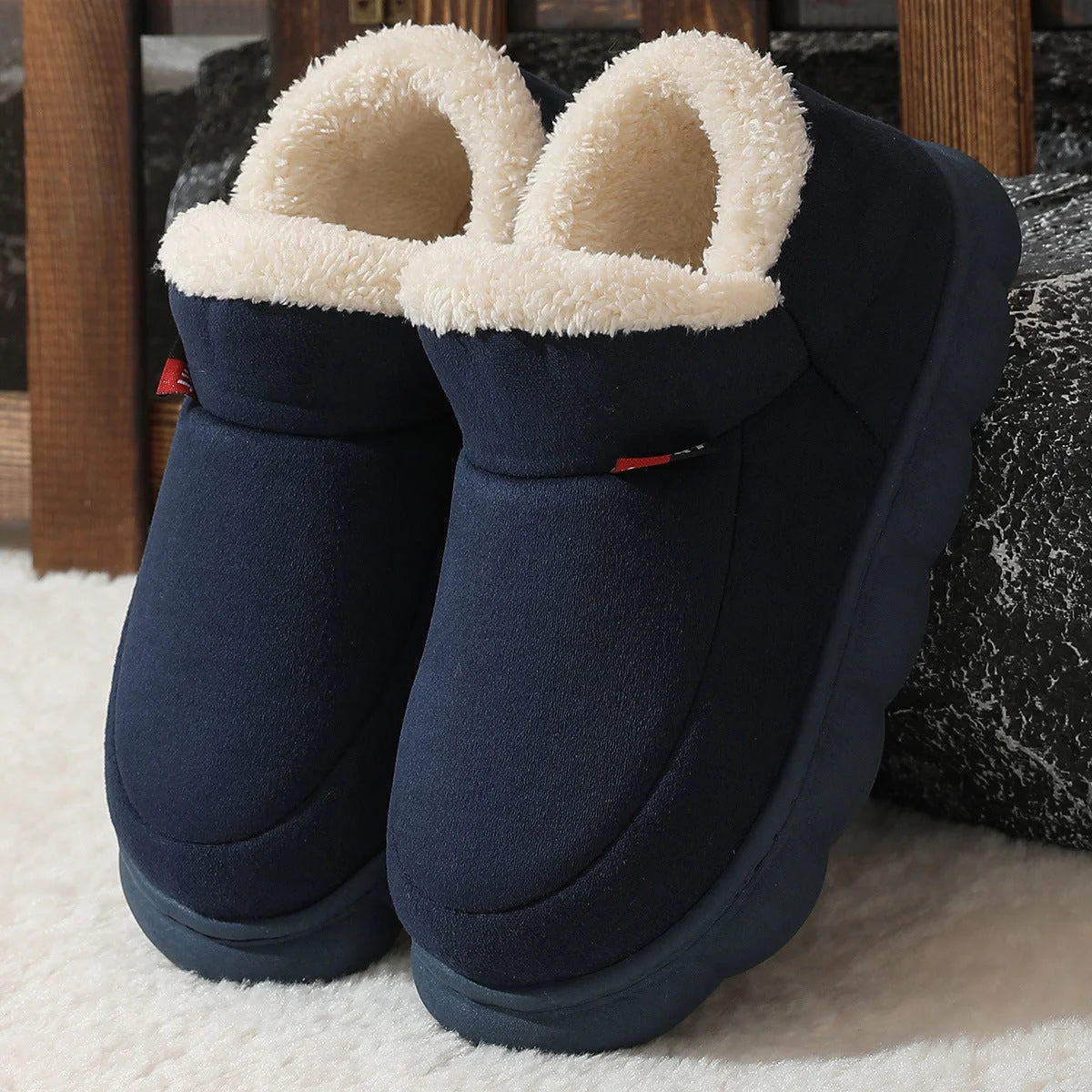 Cozy plush house slippers with soft velvet upper, warm suede lining, and thick rubber soles for indoor and light outdoor wear