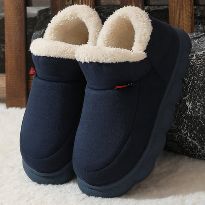 Cozy plush house slippers with soft velvet upper, warm suede lining, and thick rubber soles for indoor and light outdoor wear