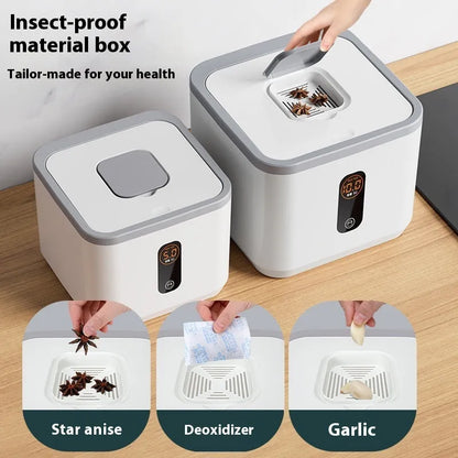 Gray food-grade plastic rice jar with airtight lid and measuring cup for insect-proof storage