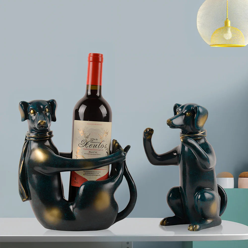 Handcrafted resin dog wine rack in sitting and squatting positions for bottle storage