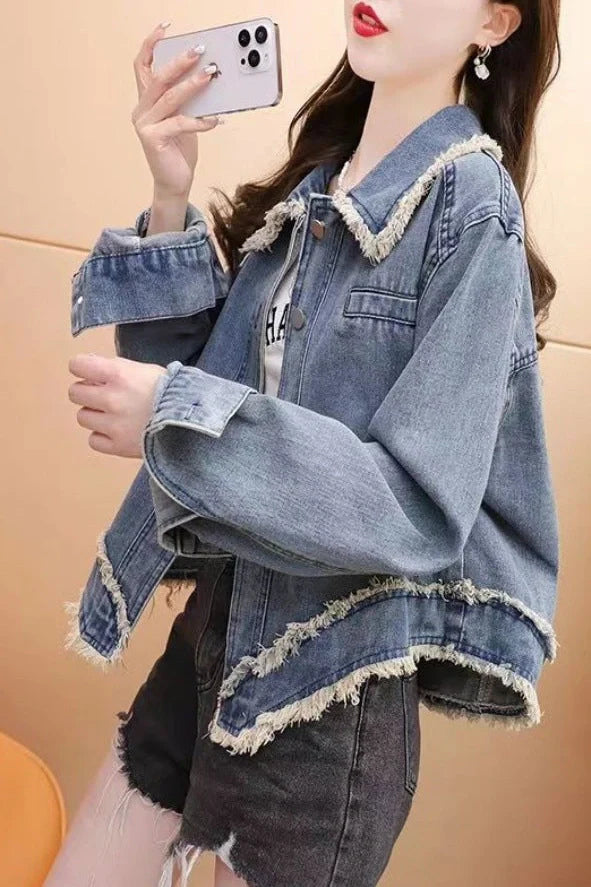 Blue short petite denim jacket with chenille fabric and long sleeves for women