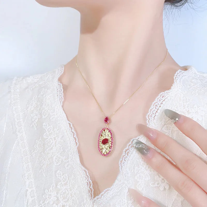 Gold-plated red corundum simulation jewellery set with necklace, ring and ear studs