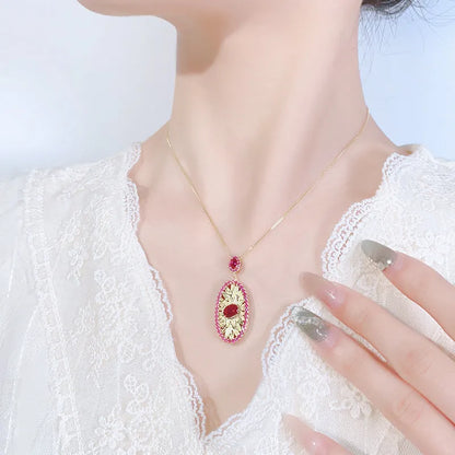 Gold-plated red corundum simulation jewellery set with necklace, ring and ear studs