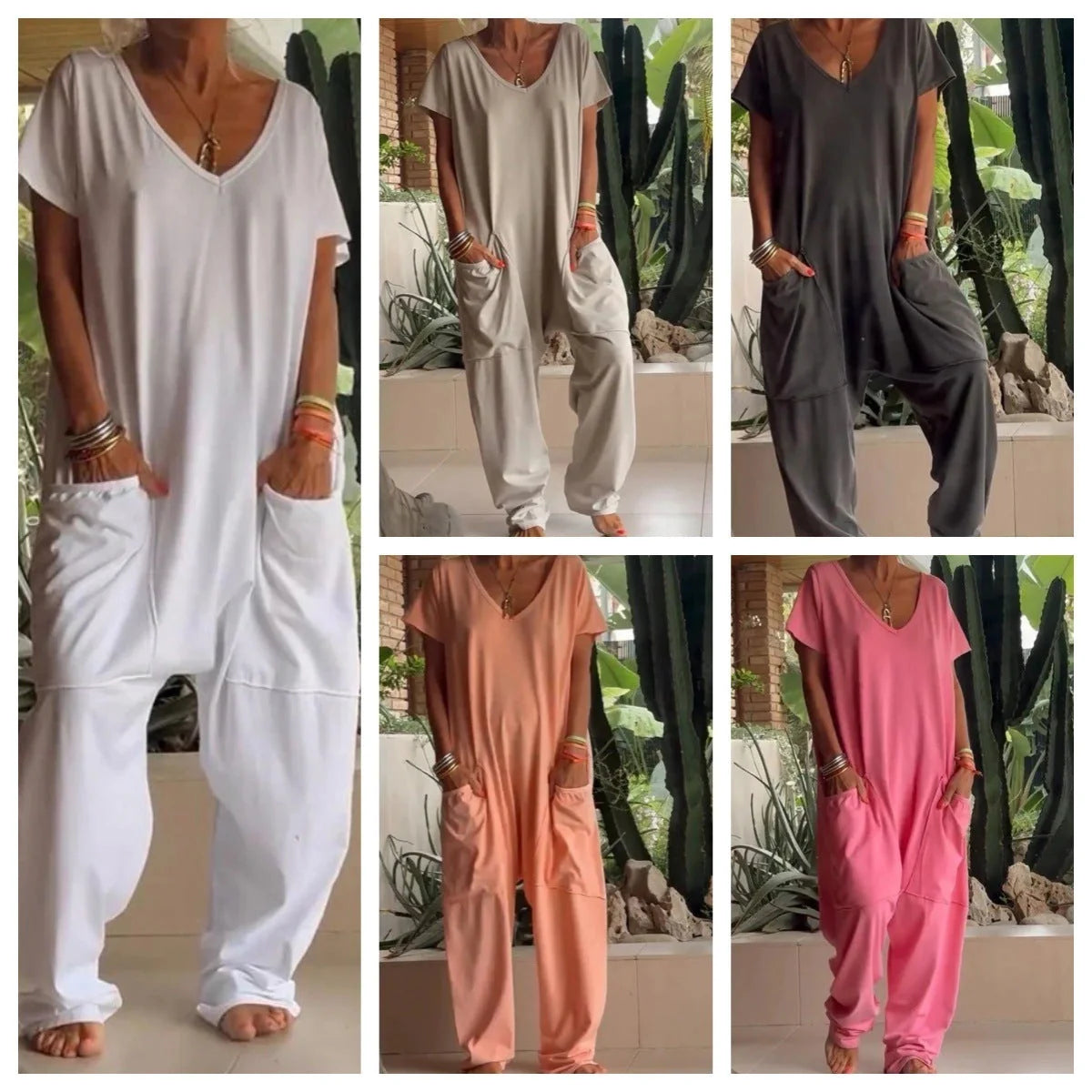 A stylish and comfortable oversized jumpsuit with roomy pockets, available in a variety of vibrant colors.