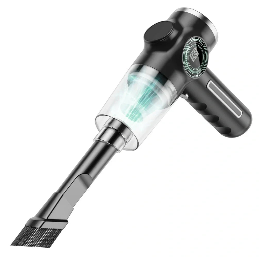 Black handheld vacuum cleaner with USB charging port measuring 25cm length for car and home dust removal