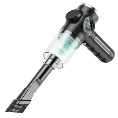 Black handheld vacuum cleaner with USB charging port measuring 25cm length for car and home dust removal