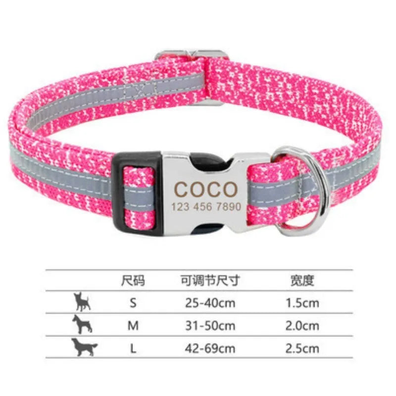An adjustable nylon dog collar with a metal buckle, shown in black, green, and rose red colours.