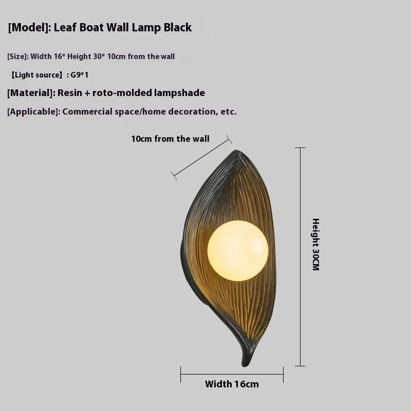 Nordic leaf wall lamp with resin boat-shaped shade in black, white or wood colour Type A, 110-220V warm light