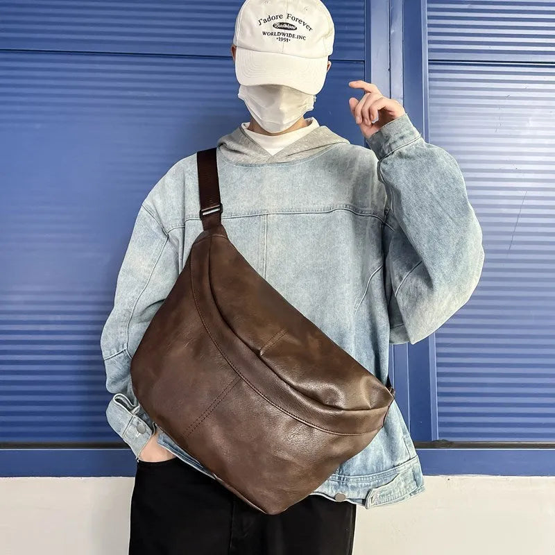 Retro style crossbody messenger bag for men large capacity 50cm wide travel work daily use waterproof PU material in black brown white