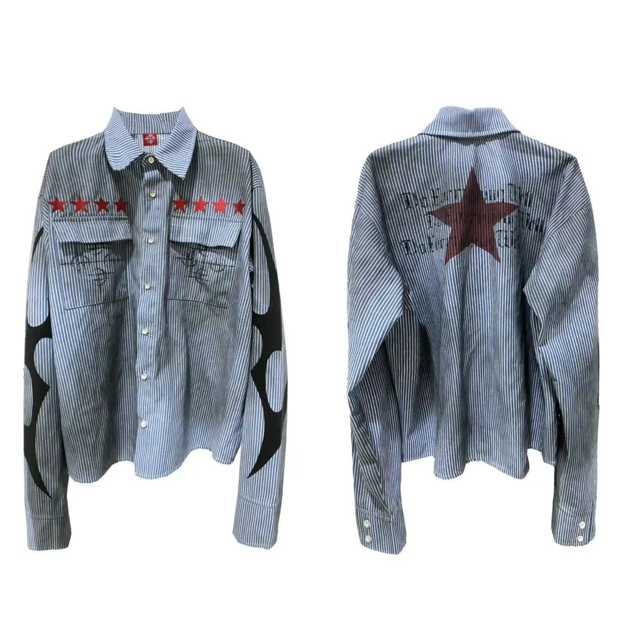 Men's washed blue striped long sleeve shirt with lapel collar