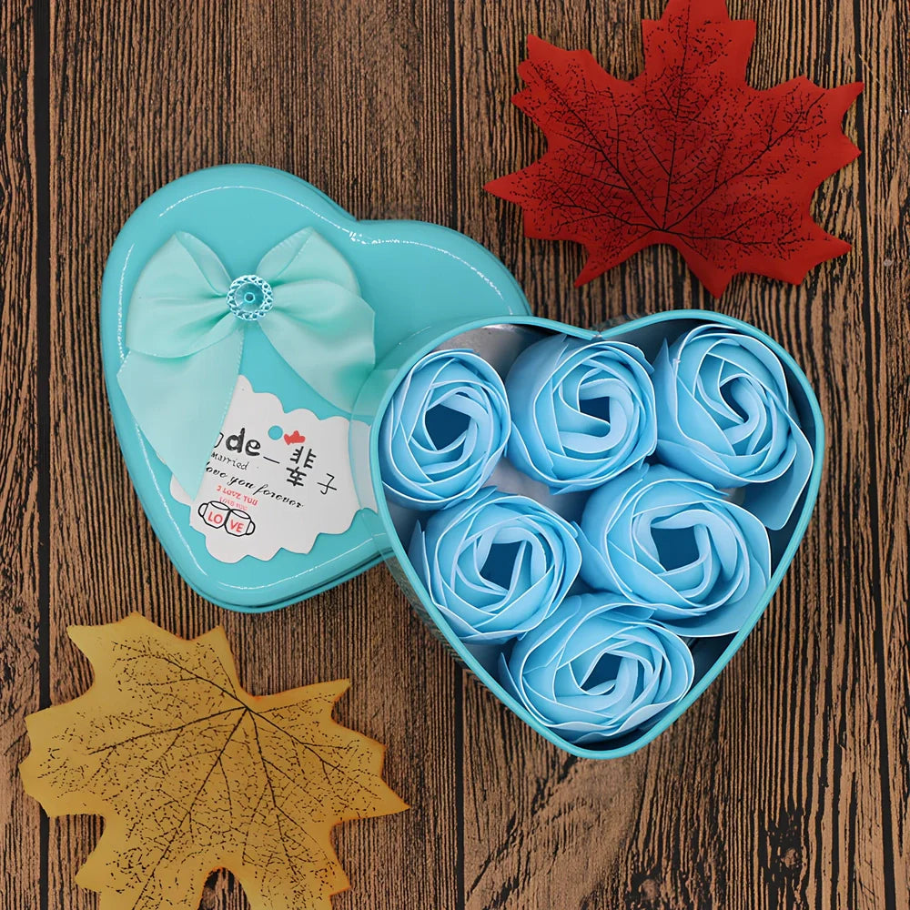 Handmade soap flower gift box in red heart-shaped tin with three blooms and bear, 12x12x5 cm for Valentine's Day