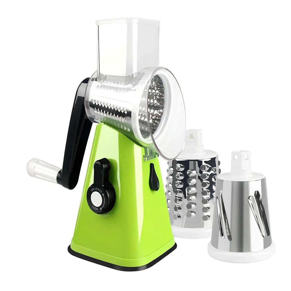 White plastic hand drum vegetable cutter slicer showing drum mechanism for even 0.5 cm vegetable slices, compact 20 cm size