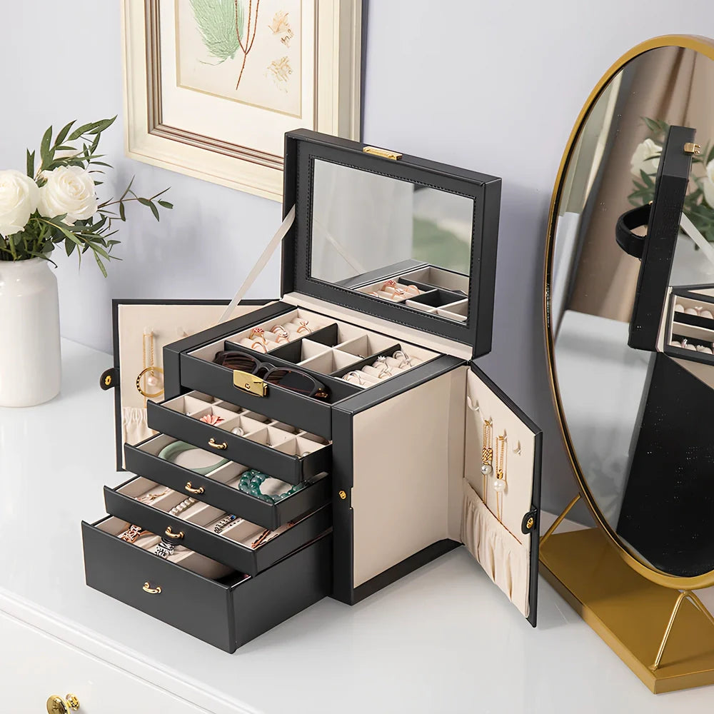 Large jewellery box with multiple compartments for cosmetics and accessories storage
