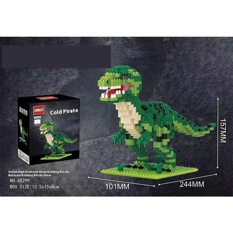 Dinosaur model assembly kit with small diamond plastic particles and colour box, available in 528 to 676 piece counts