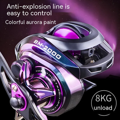 Colourful water drop shaped BM2000 fishing reel with magnetic brake, shown in left and right-hand models.