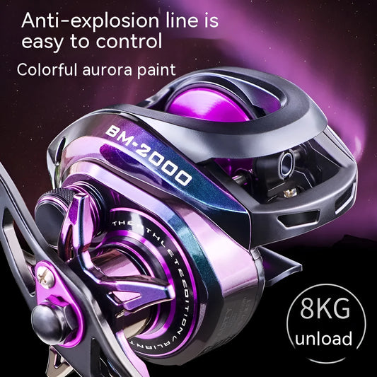 Colourful water drop shaped BM2000 fishing reel with magnetic brake, shown in left and right-hand models.