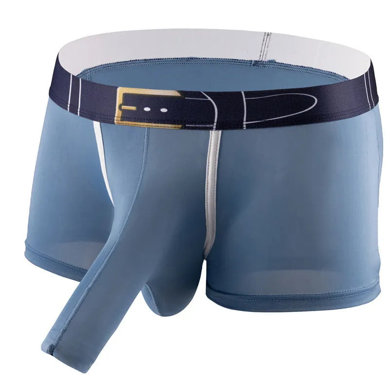 A pair of men's solid colour ice silk boxers on a mid waist model.