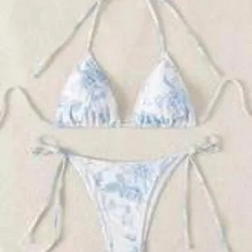 Halter neck lace-up bikini set with floral ink print, polyester lining, in black, light blue or pink